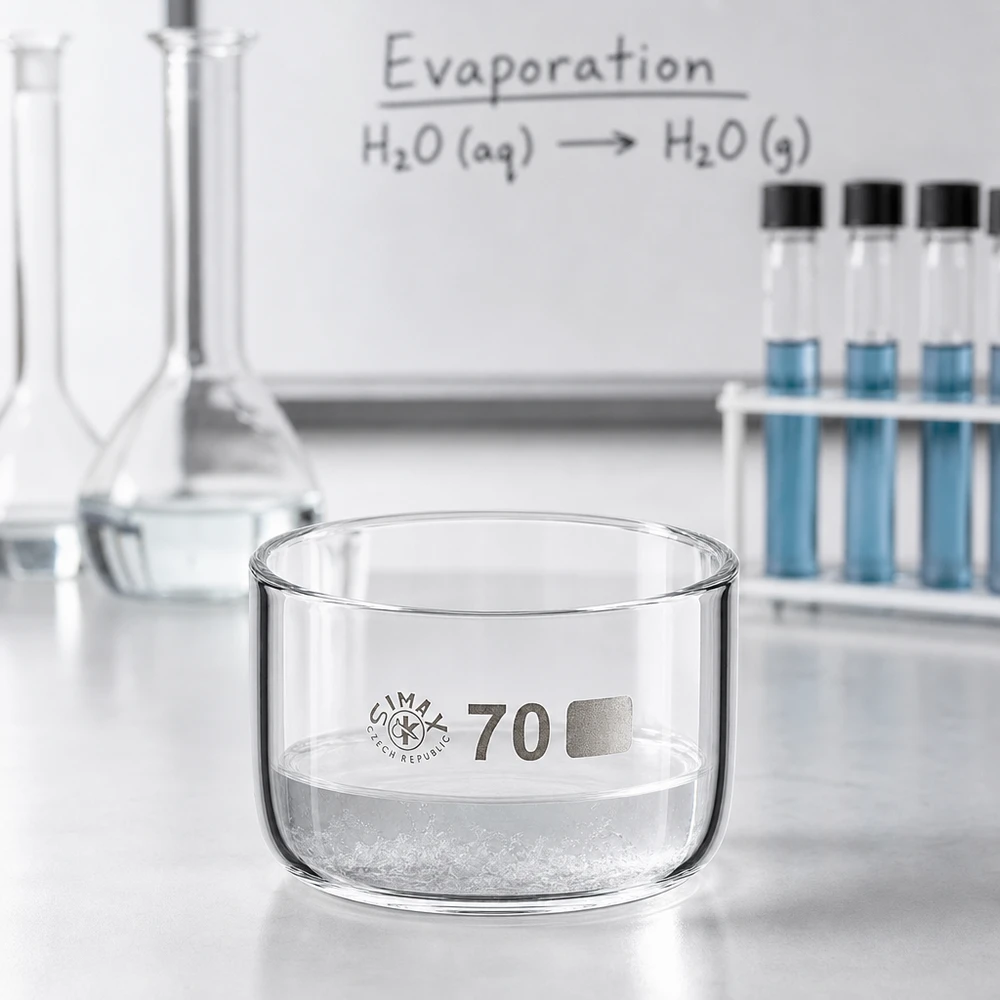 100ml krystalizační miska bez výlevky borosilikátová ø70mm Kristallisierschale 100ml bei Evaporationsexperiment mit ausfallendem Feststoff im professionellen Labor