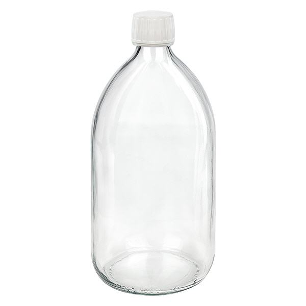 1000ml lahvička na léky čirá, bílý uzávěr s tamper-evidentním kroužkem ApoGlas 1000ml lahvička na léky čirá, bílý uzávěr s tamper-evidentním kroužkem ApoGlas