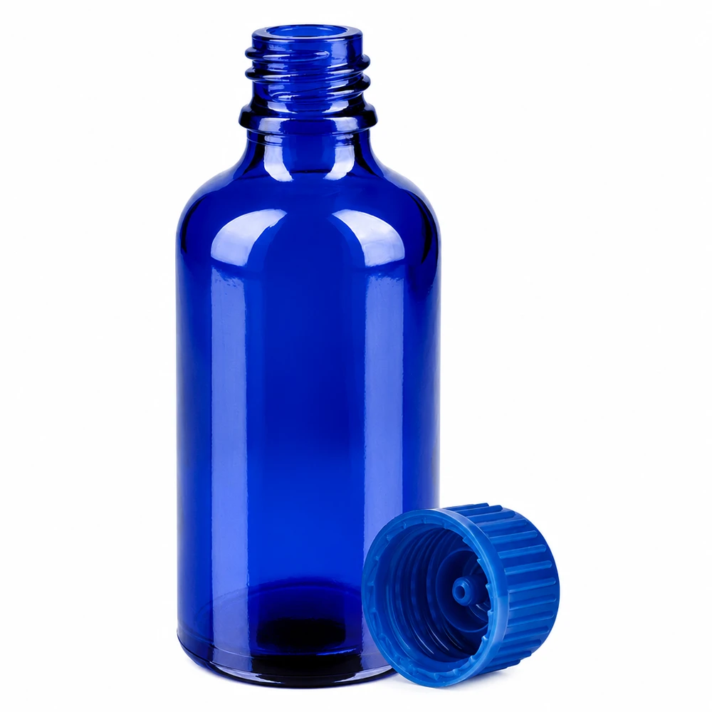 50ml lahvička 11mm se šroubovacím uzávěrem modrá Standard BlueLine UT18/50 UV-schützende 50ml Glasflasche blau mit 11mm Öffnung für Tinkturen und Extrakte