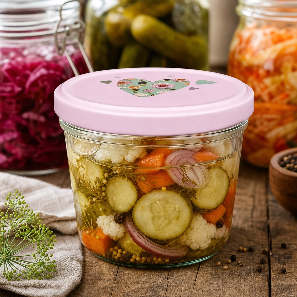 230ml kelímky + víčko BasicSeal srdíčková růžová UNiTWIST Sturzglas 230ml mit rosa Herz-Deckel für eingelegtes Gemüse Mixed Pickles Gurken Karotten Blumenkohl fermentieren