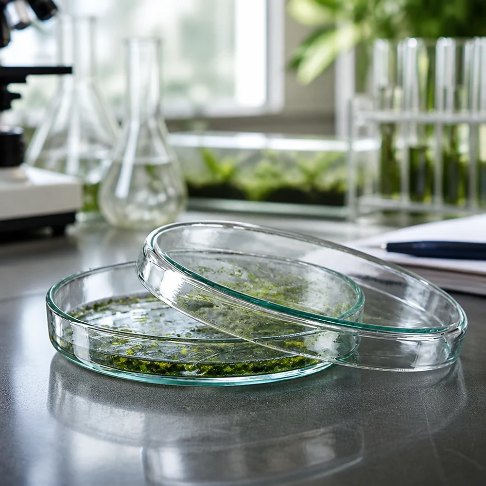 Hochwertige Glaspetrischalen 90x15mm für Pflanzenbiotechnologie neben Mikroskop und Notizbuch