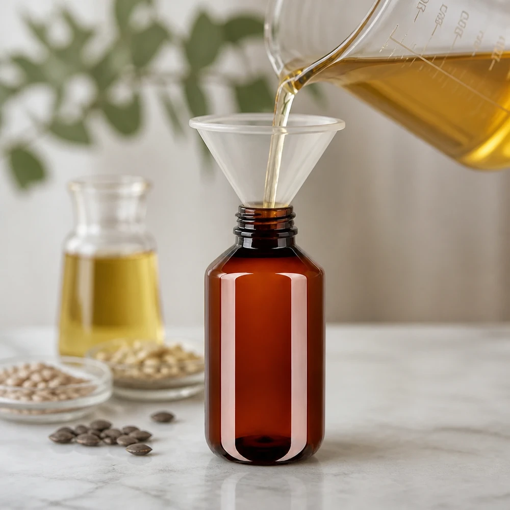 Jantarově zbarvená 50ml plastová láhev se plní žlutým olejem pomocí nálevky