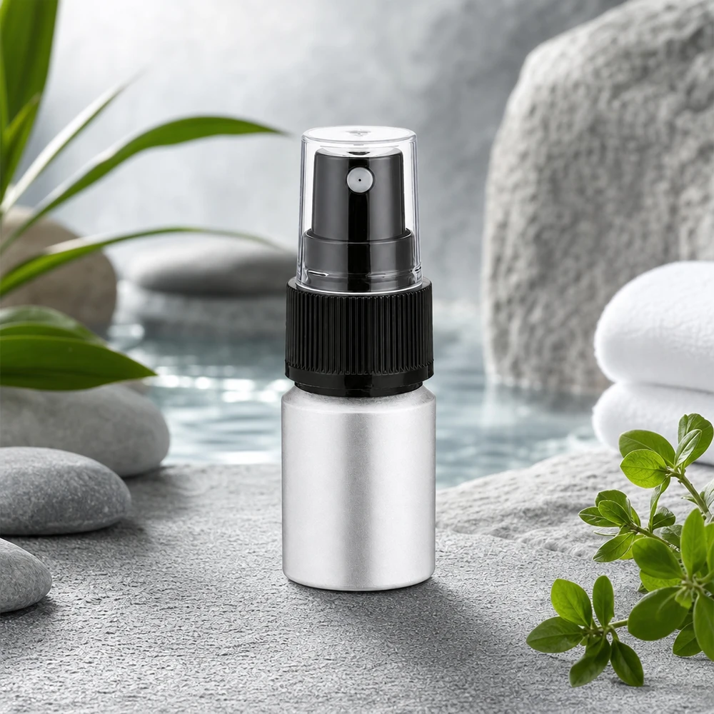 10ml mořená hliníková lahvička s rozprašovačem Auslaufsichere 10ml Aluflasche mit Feinzerstäuber für kontrollierte Sprühverteilung