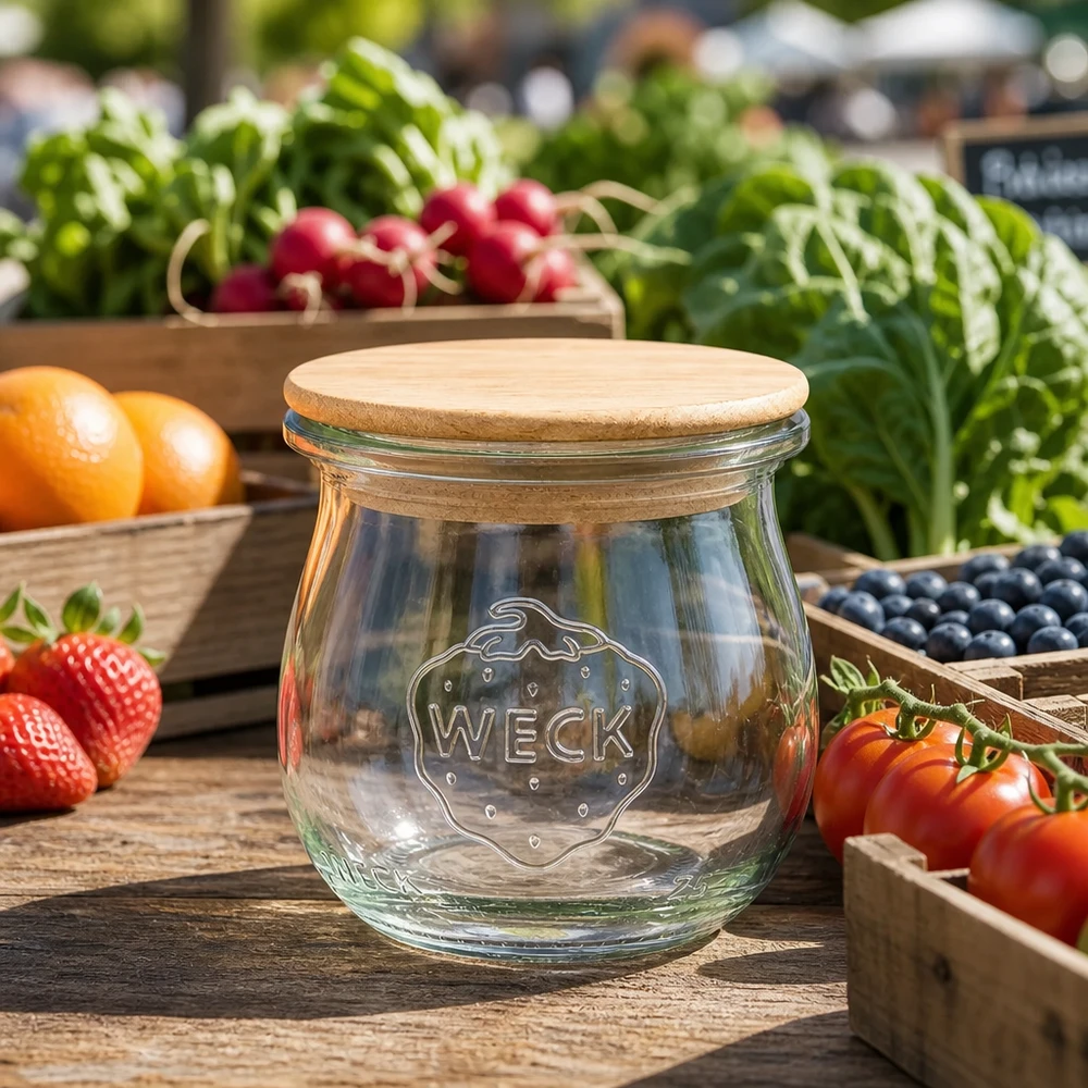 75ml tulipánová sklenice WECK RR40 s dřevěným víčkem WECK Tulpenglas 75ml mit Holzdeckel zwischen frischen Marktgemüse und Obst stilvolle Küchendeko Vorratsglas