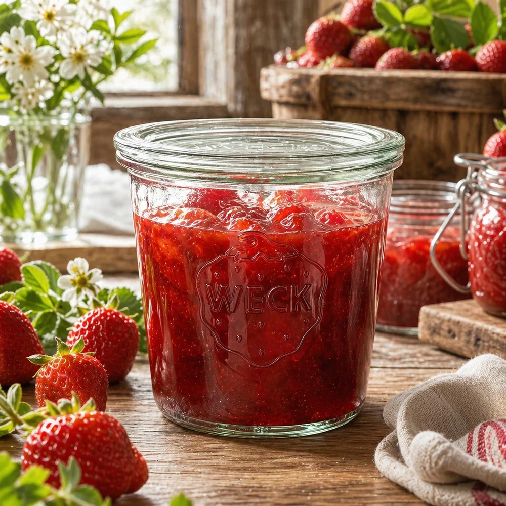 Zavařovací sklenice 580ml se skleněným víčkem WECK RR100 WECK Einmachglas 580ml mit Erdbeermarmelade gefüllt in rustikaler Küche mit frischen Erdbeeren und Blumen
