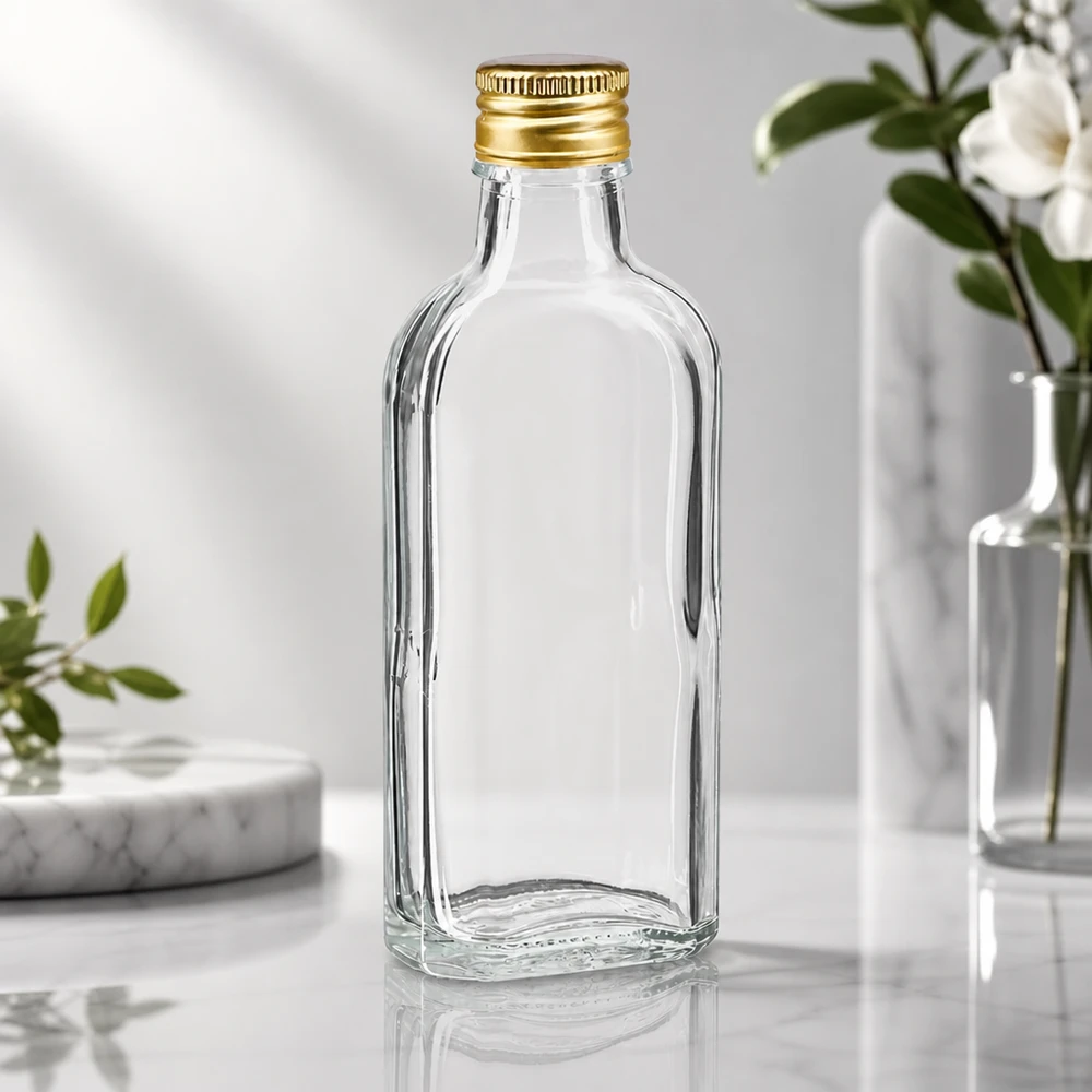 100 ml Meplat čirý s hliníkovým uzávěrem zlatý PP22 Hochwertige 100ml Glasflasche flach klar mit goldenem Aluminiumverschluss PP22 leer unbefüllt