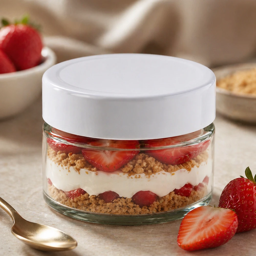 130ml kulatá sklenice + víčko BasicSeal bílé UNiTWIST 130ml Rundglas BasicSeal weiß befüllt mit Erdbeer-Dessert Schichtdessert - Glasdose für süße Nachspeisen