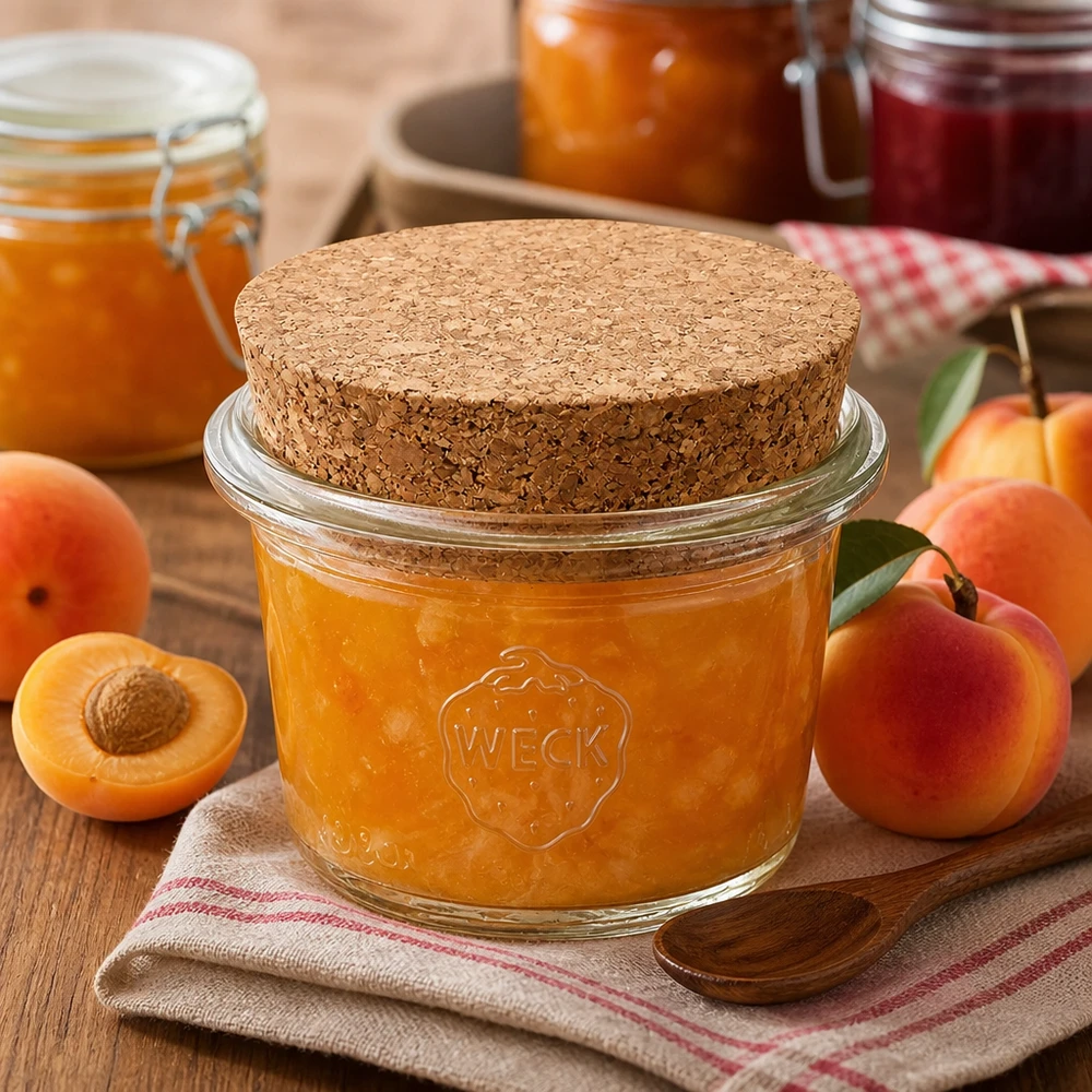 WECK Sturzglas 35ml RR40 Korkverschluss gefüllt mit Aprikosenmarmelade neben frischen Aprikosen auf Holztisch