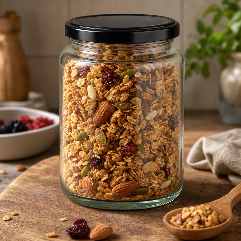 382ml Rundglas BasicSeal schwarz gefüllt mit Müsli Nüssen Trockenfrüchten Aufbewahrung Vorratsdose Küche