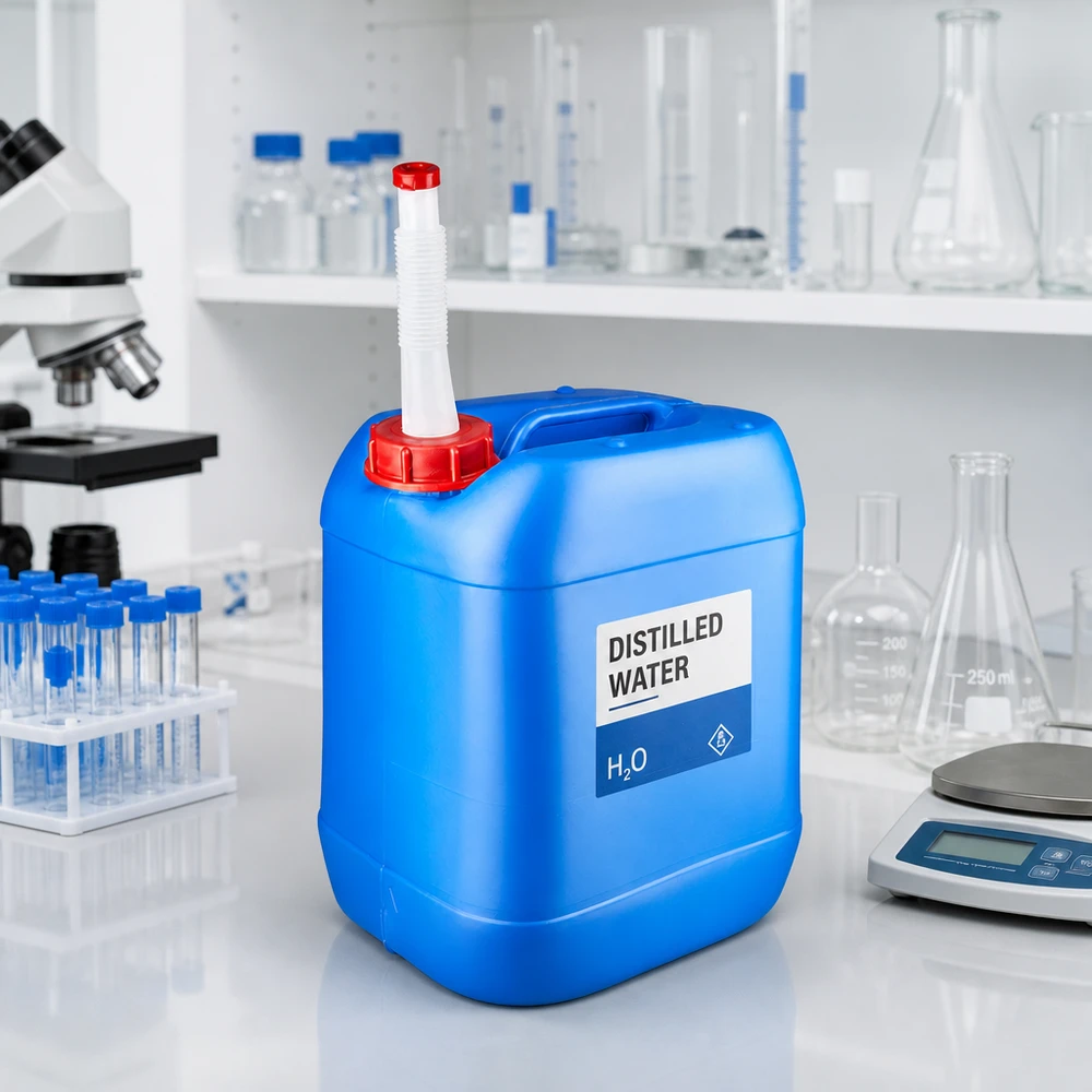 Kanister 20 Liter mit Auslaufrohr zum präzisen Befüllen von Laborkolben und Messgeräten