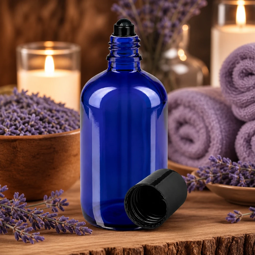Lékárenská láhev modrá 100ml roll-on uzávěr černý Kobaltblaue 100ml Glasflasche mit schwarzem Rollaufsatz in entspannter Wellness-Umgebung