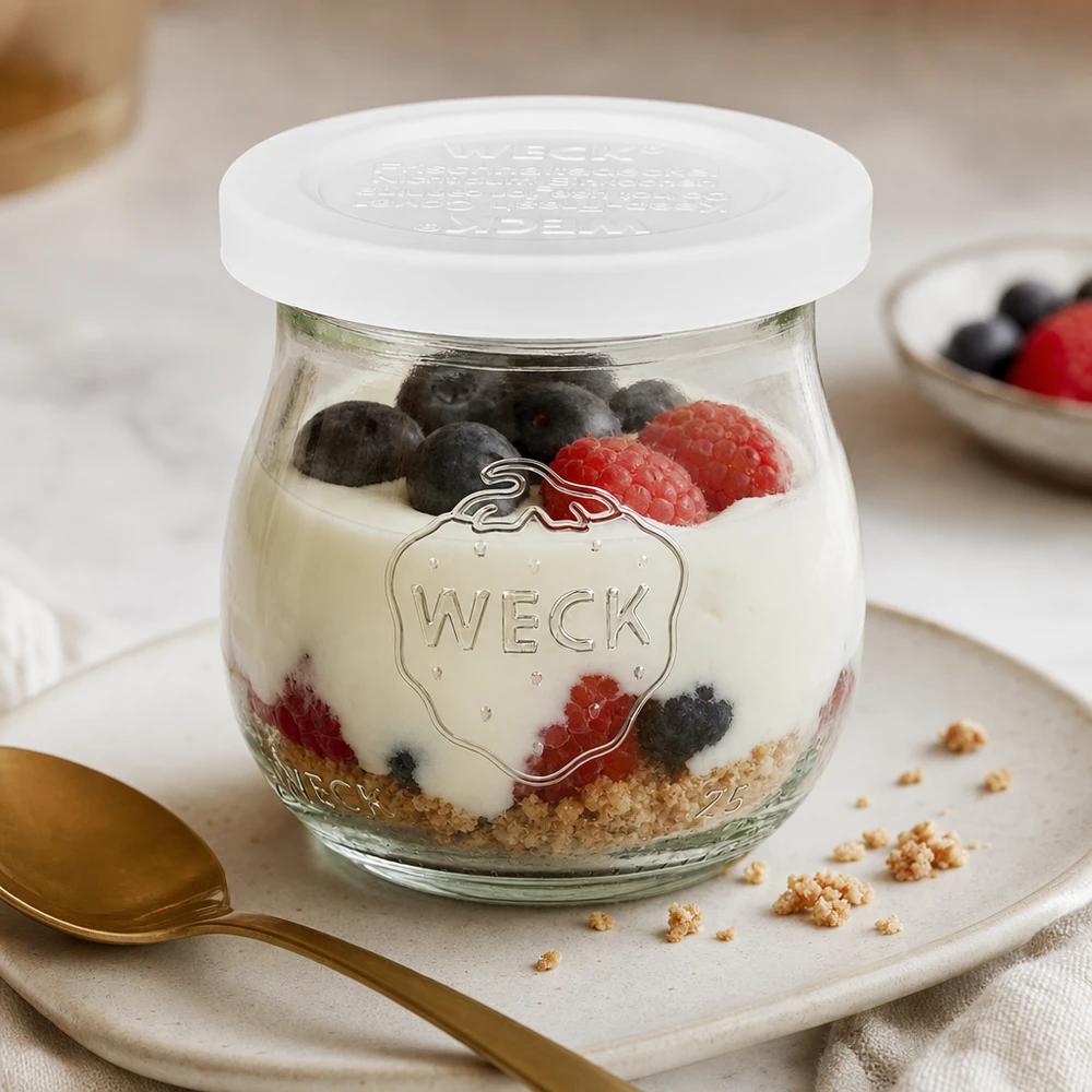 75ml tulipánová dóza s víčkem pro osvěžení WECK RR40 WECK Tulpenglas 75ml RR40 mit Joghurt Beeren und Granola als Dessert auf weißem Teller mit goldenem Löffel