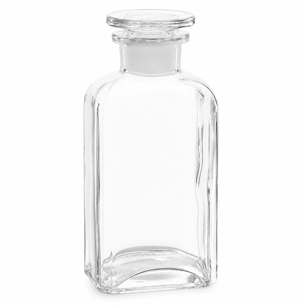Čtvercová láhev 250ml čirá skleněná zátka se širokým hrdlem Vierkantflasche Weithals 250ml Borosilikatglas transparent mit rundem Glasstopfen