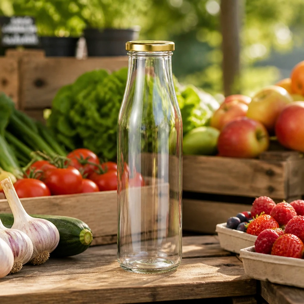500ml skleněná láhev + víčko BasicSeal zlaté UNiTWIST 500ml Glasflasche leer BasicSeal Deckel gold zwischen frischem Obst Gemüse auf Holztisch Marktstand Ambiente