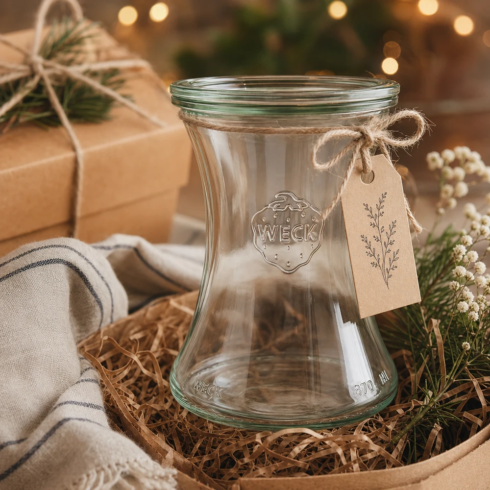 370ml lahůdková sklenice se skleněným víčkem WECK RR80 WECK Delikatessenglas 370ml RR80 als Geschenk mit Kraftpapier-Anhänger in rustikaler Weihnachtsdeko