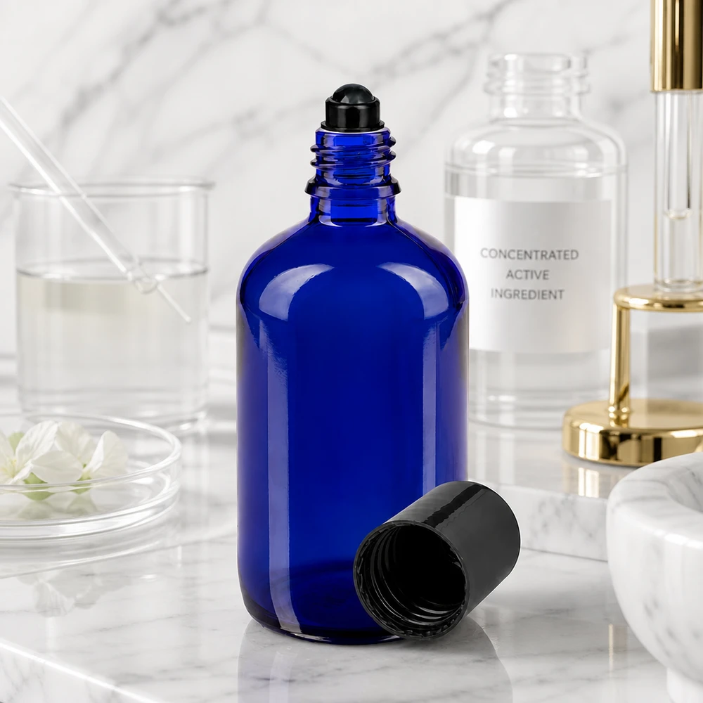 Lékárenská láhev modrá 100ml roll-on uzávěr černý Hochwertige 100ml Roll-On Glasflasche in Blau mit schwarzem Deckel für professionelle Anwendung