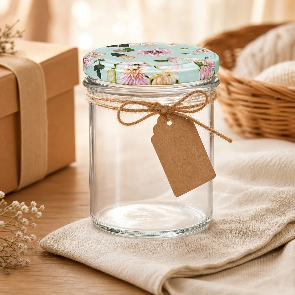 350ml kelímky + víčko BasicSeal flower mint UNiTWIST Sturzglas 350ml mit BasicSeal Deckel mint Blumenmuster, geschmückt mit Jute-Schleife und Geschenkanhänger