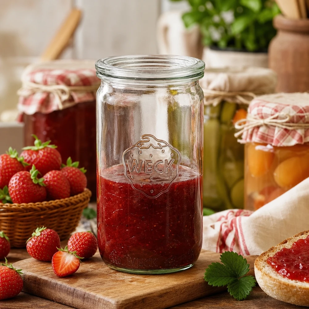 340ml cylindrická dóza se skleněným víčkem WECK RR60 WECK 340ml Zylinderglas RR60 mit Erdbeermarmelade befüllt in rustikaler Küche mit frischen Erdbeeren und Brot