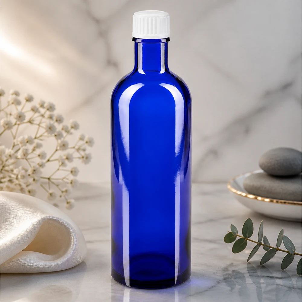 Lékárenská láhev modrá 200ml šroubovací uzávěr bílý stř. Apothekerflasche Blauglas 200ml schlanke Form weißer Schraubverschluss lichtgeschützt