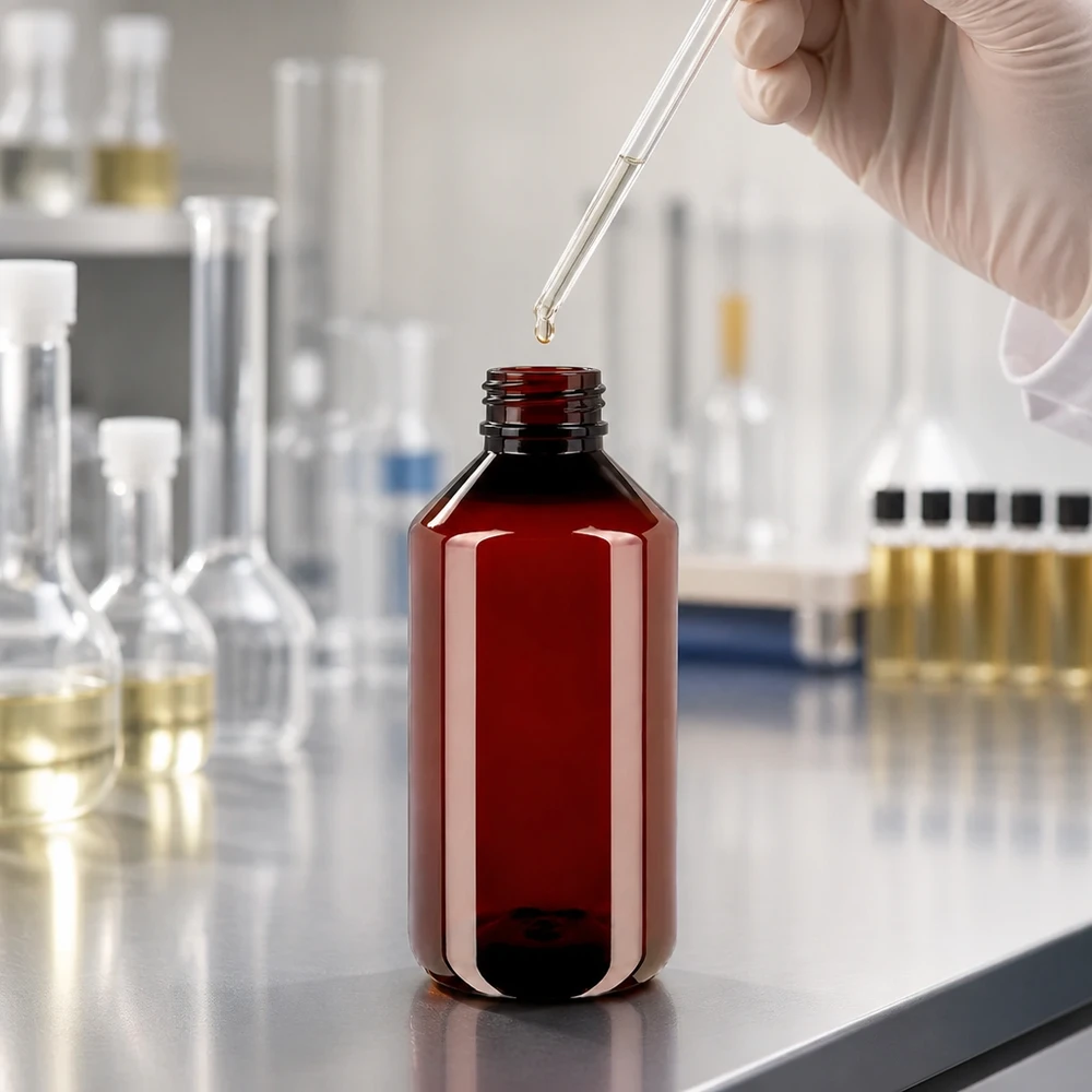 PET láhev 750ml s bílým/červeným uzávěrem s možností manipulace s ním. Laborant plní hnědou PET láhev o objemu 750 ml pomocí pipety na nerezovém stole