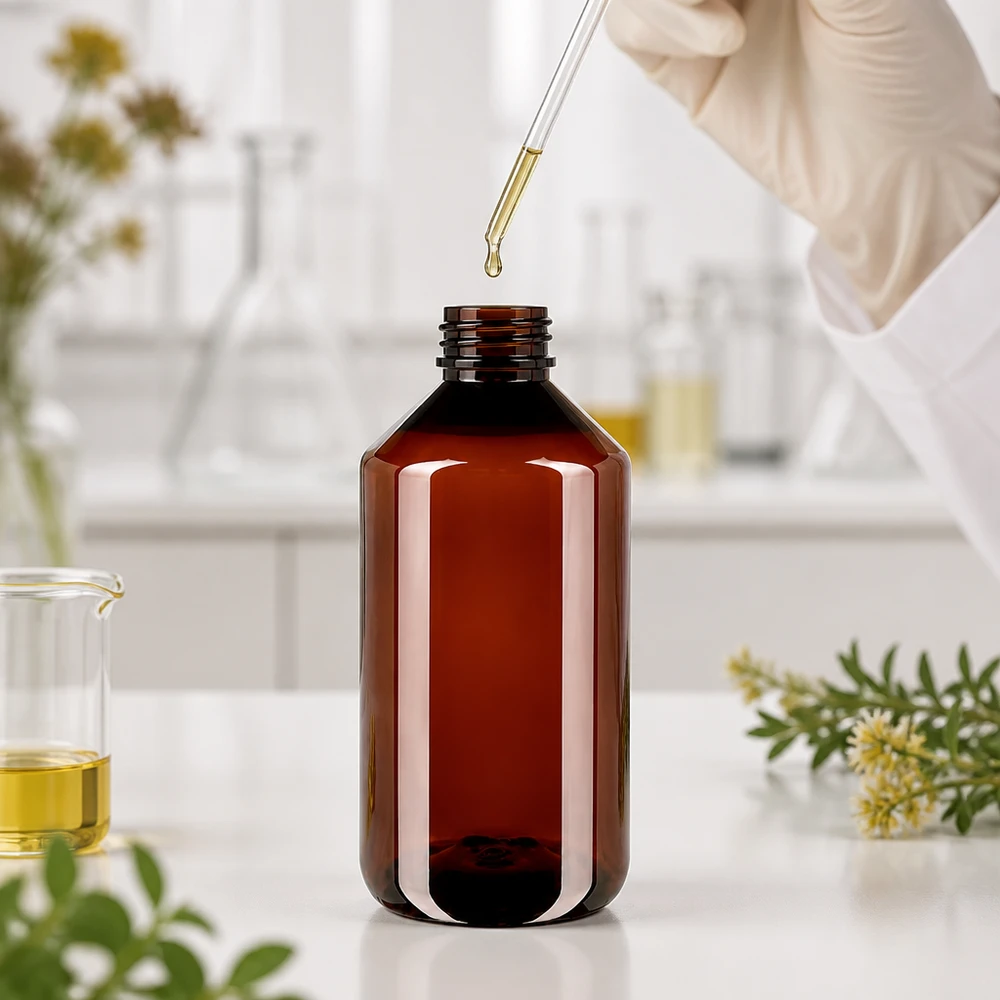 Hnědá PET láhev o objemu 750 ml s bílým originálním obalem v laboratorním prostředí s pipetou a bylinnými extrakty