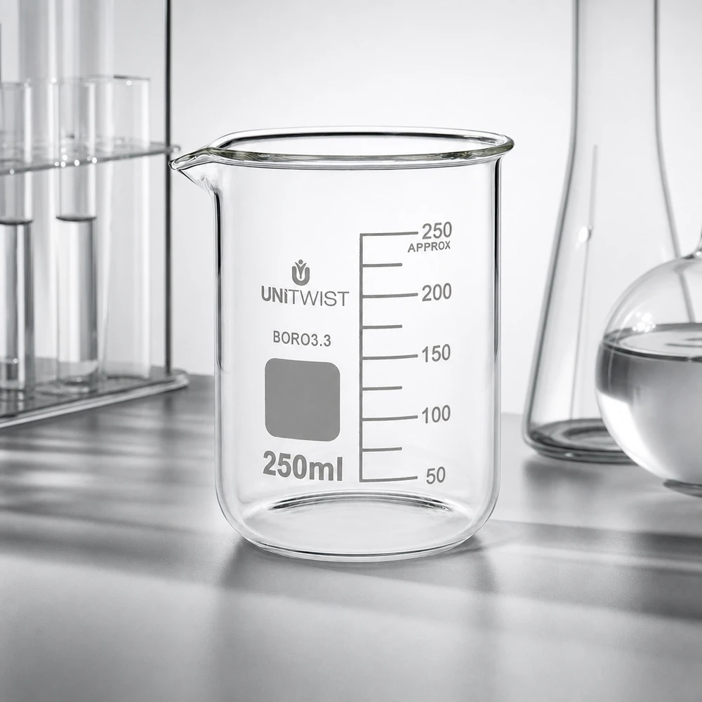Borosilikat Becherglas UNiTWIST 250ml niedrige Form mit quadratischem Beschriftungsfeld