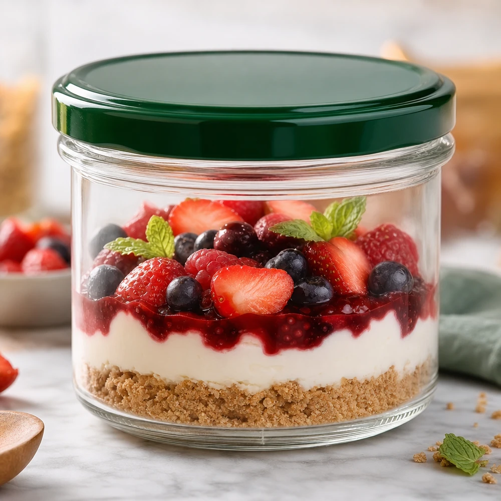 225ml Sturzglas grüner BasicSeal Deckel gefüllt mit Dessert Beeren Mascarpone perfekt für Nachspeisen