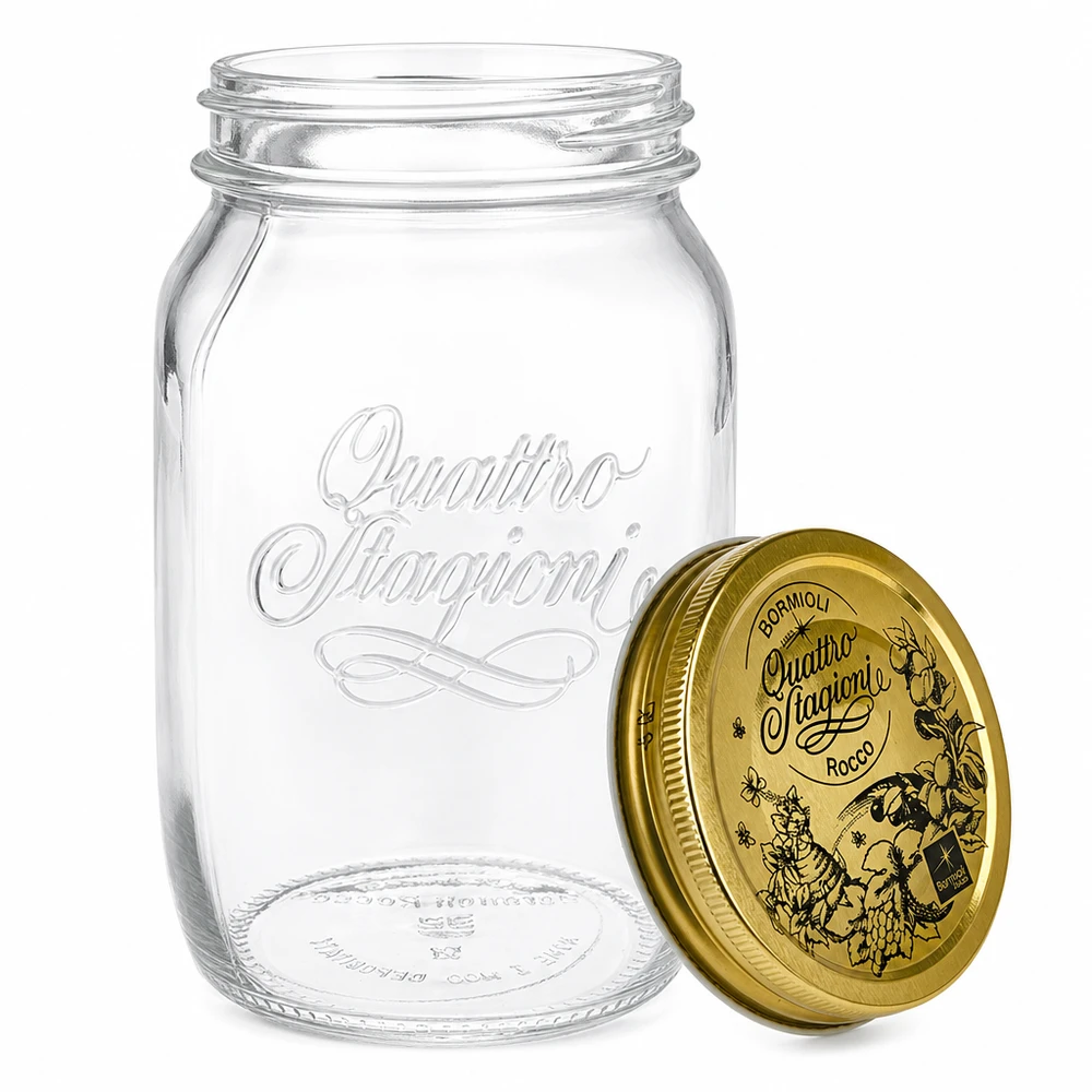 1000ml kulatá skleněná "Quattro Stagioni" s víčkem Quattro Stagioni Einmachglas 1000ml mit abnehmbarem Deckel detaillierte Ansicht italienisches Konservenglas