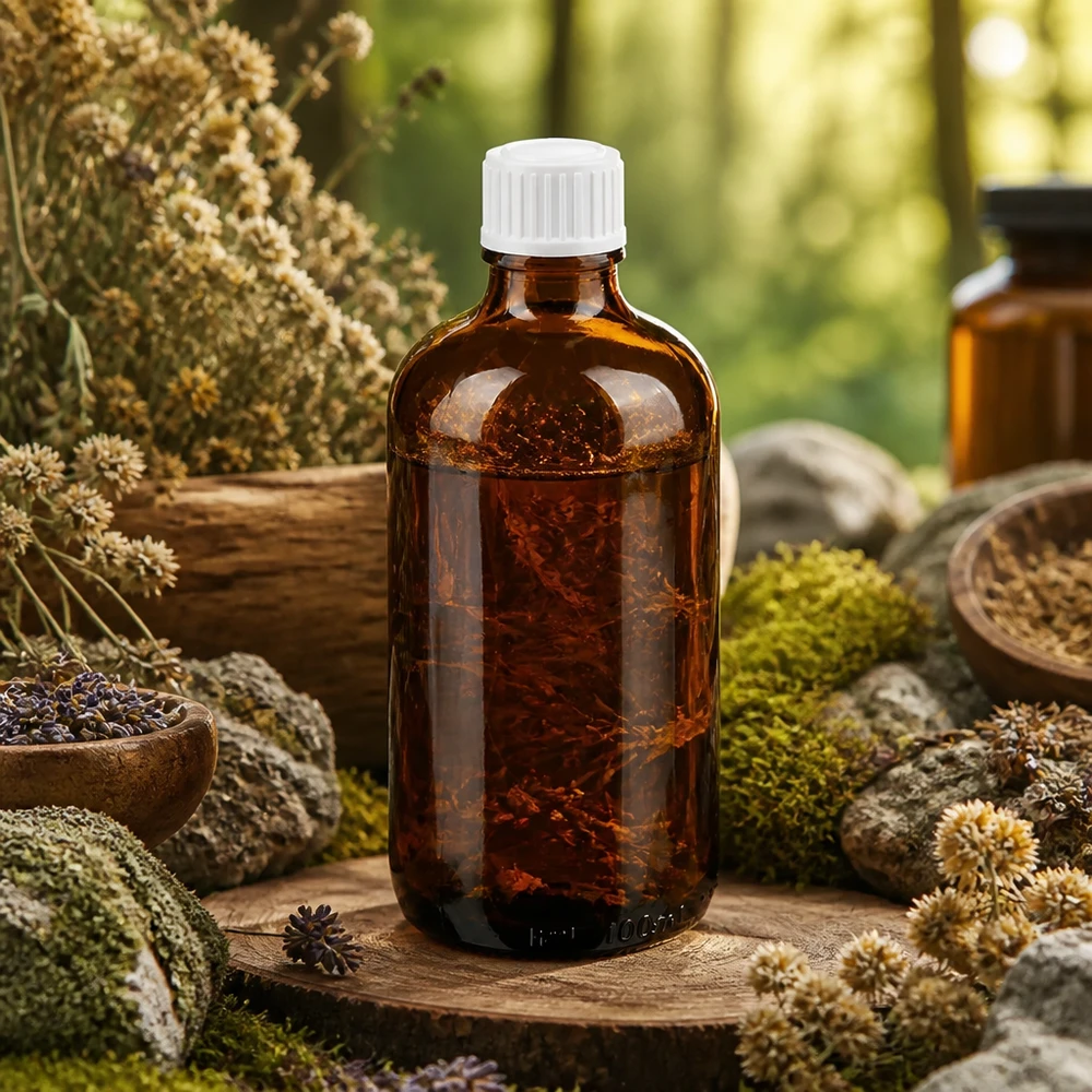 Professionelle Dosierflasche 100ml aus braunem Apothekenglas mit präzisem weißem Tropfaufsatz