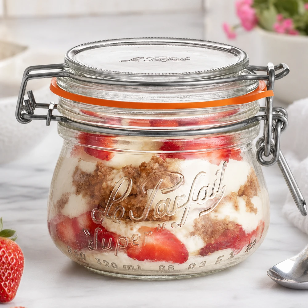 250ml Vorratsglas "Super" mit Bügelverschluss Le Parfait® 250ml Le Parfait Super Vorratsglas mit Bügelverschluss gefüllt mit Erdbeeren und Dessert auf weißer Oberfläche