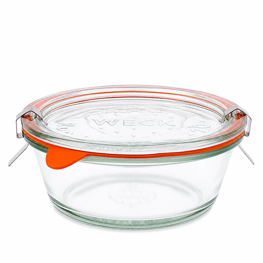 Kompletní zavařovací sklenice WECK RR120 o objemu 300 ml pro labužníky. WECK Gourmetglas 300ml RR120 mit Glasdeckel und orangem Gummiring, rundes Einmachglas aus transparentem Glas