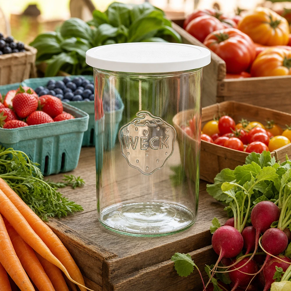 Skleněná nádoba o objemu 1000 ml s víčkem WECK RR100 WECK Sturzglas 1000ml RR100 mit Frischedeckel zwischen frischem Marktgemüse Karotten Radieschen und Beeren