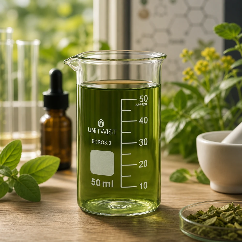 Kádinka 50ml borosilikátová, vysoká forma UNiTWIST Graduiertes Becherglas hohe Form 50ml Borosilikat UNITWIST mit pflanzlichem Öl und Kräuterzubehör