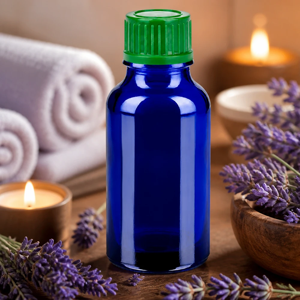 20ml láhev se šroubovacím uzávěrem 11mm zelená Standard BlueLine UT18/20 Elegante blaue 20ml Flasche mit ergonomischem grünem Deckel ideal für mobile Anwendungen BlueLine