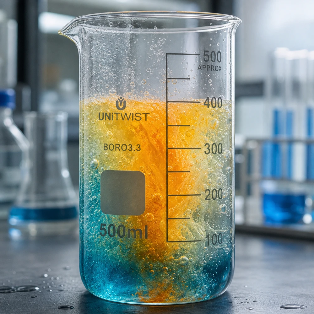 Kádinka 500 ml borosilikátová, vysoká forma UNiTWIST Transparentes Laborglas 500ml hohe Form mit sprudelnder orange-türkiser Flüssigkeit