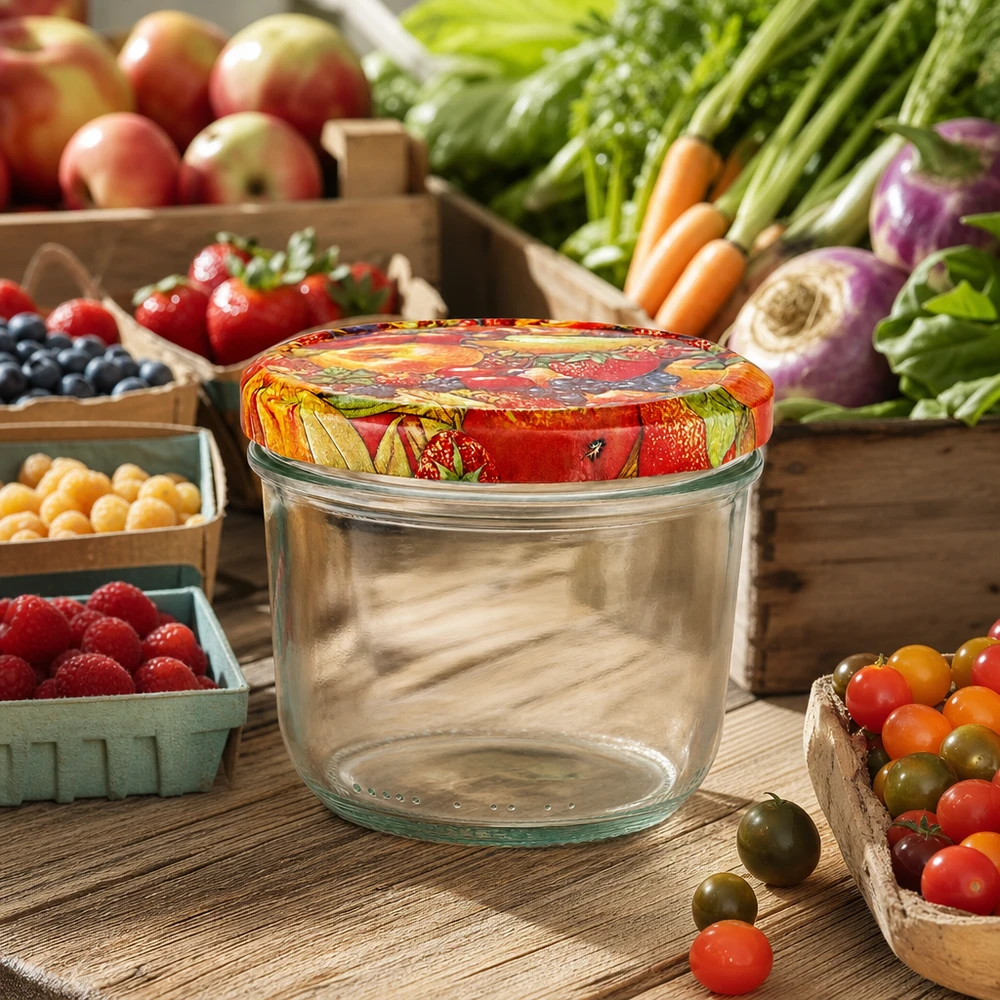 230ml Sturzglas mit BasicSeal Obstdekor-Deckel auf Holztisch umgeben von frischem Gemüse und Beeren aus dem Garten