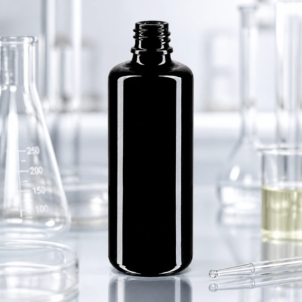 Fialová skleněná lahvička 100ml DIN 18 (Mironglas) Apotheker Tropfflasche Orion 100ml aus dunklem Violettglas für professionelle Verwendung