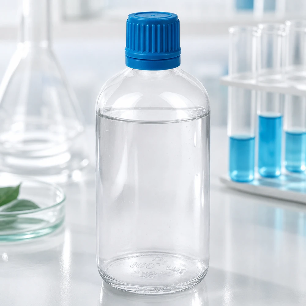 100ml láhev 11mm šroubovací uzávěr modrý tamper-evidentní uzávěr ClearLine UT18/100 Chemikalienflasche 100ml Klarglas ClearLine blauer OV Verschluss 11mm Gewinde