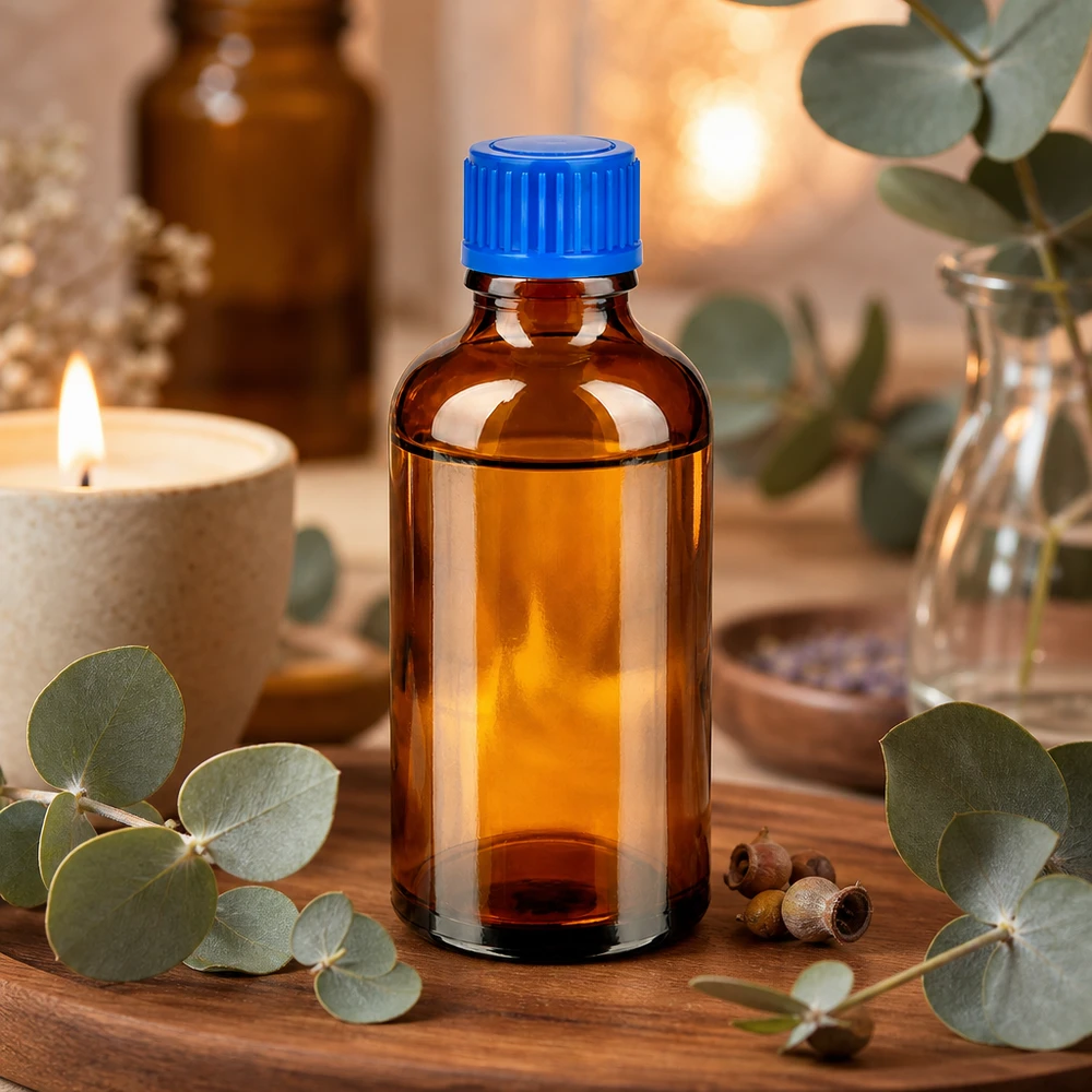 50ml láhev 11mm šroubovací uzávěr modrá Standard BrownLine UT18/50 Präzise 50ml Dosierflasche aus braunem Glas mit stabilem Kunststoffverschluss
