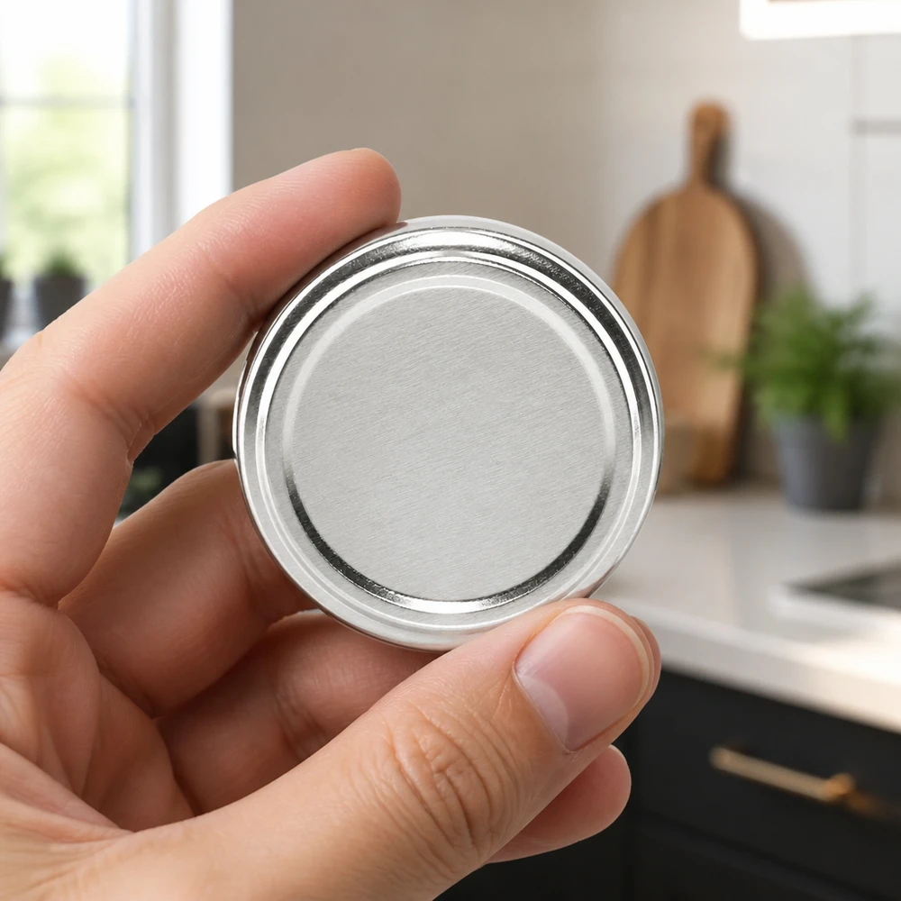 63mm víko BasicSeal stříbrné (TO63) UNiTWIST Stříbrné víčko BasicSeal TO63 o průměru 63 mm držené v ruce na pozadí kuchyně