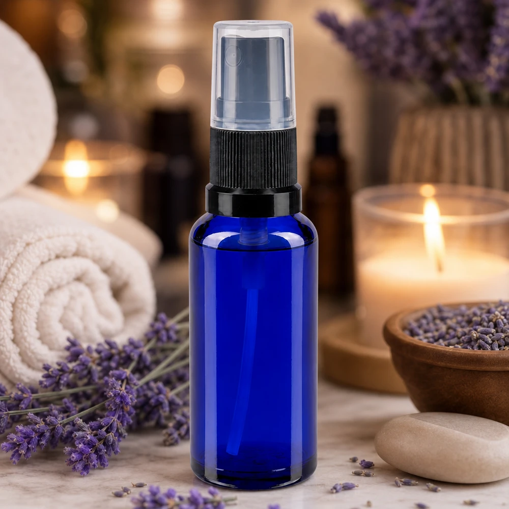 Lékárenská lahvička modrá 30ml s rozprašovacím víčkem černá Blauglas Zerstäuberflasche 30ml mit schwarzem Sprühkopf ideal für Raumsprays und Seren