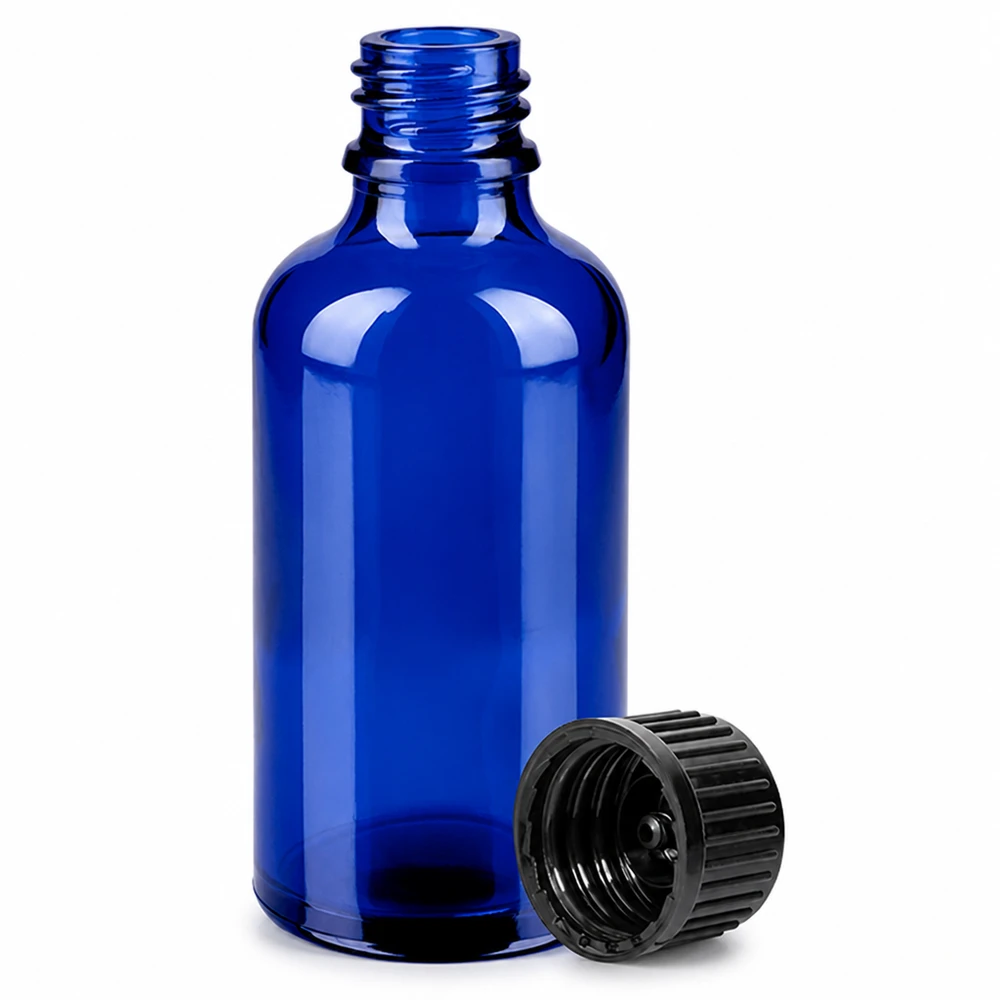 UV-schützende blaue 50ml Glasflasche mit schwarzem Sicherheitsverschluss BlueLine Serie