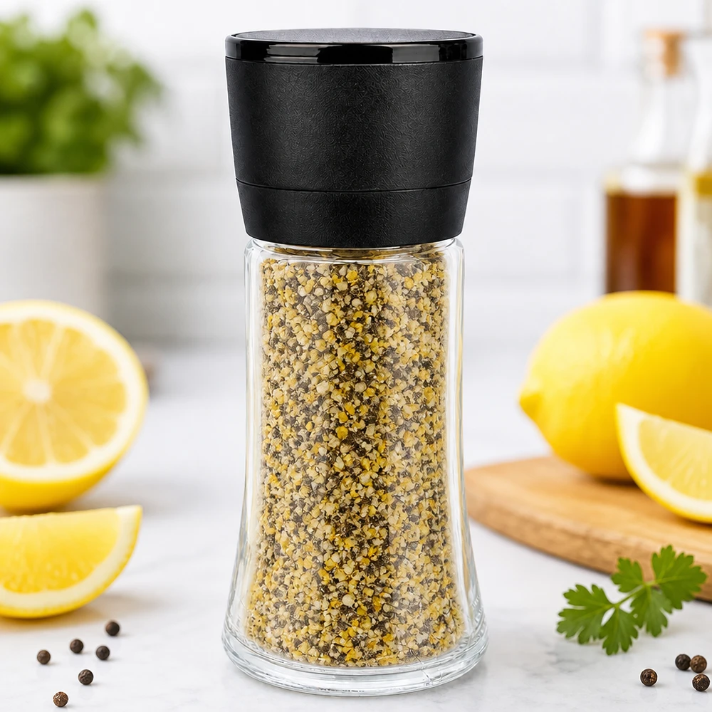 Dóza na sůl/koření 95 ml s mlýnkem Vario černá Salzmühle Vario 95ml mit transparentem Glaskörper und würziger Zitronen-Pfeffer-Mischung gefüllt