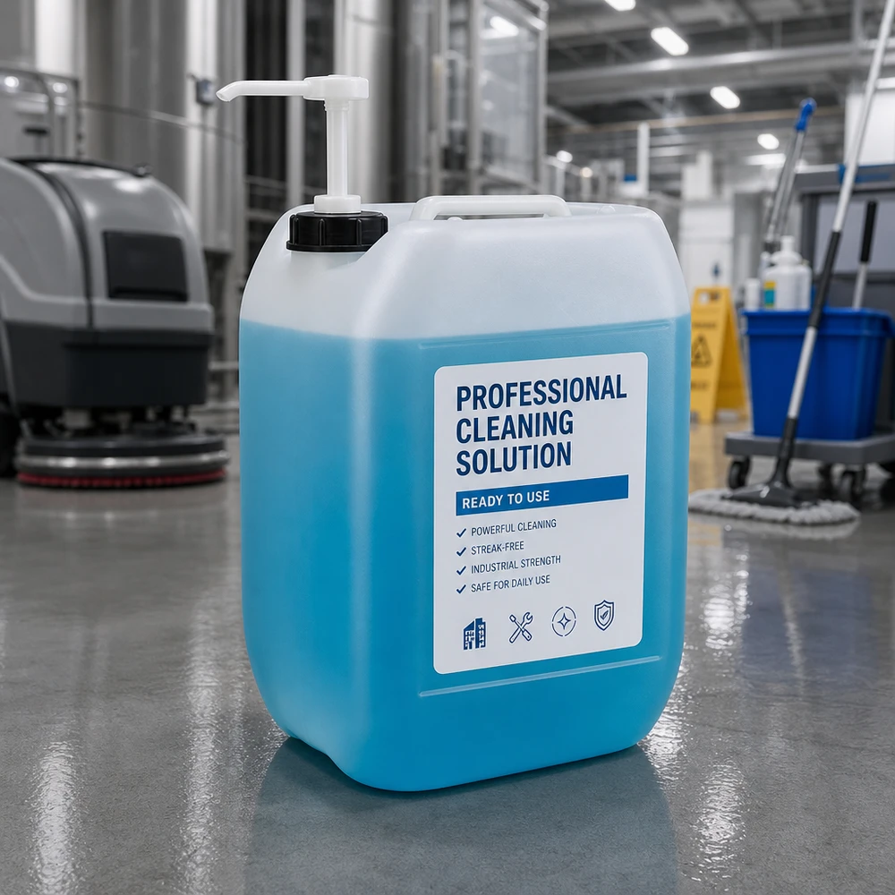 Kanystr 10 litrů s dávkovacím čerpadlem Industriestärke Reinigungsmittel 10 Liter Kanister mit Pumpe neben Wischmopp und Reinigungswagen