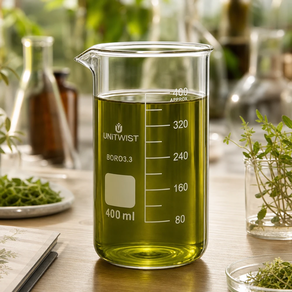 Kádinka 400 ml borosilikátová, vysoká forma UNiTWIST Transparentes Laborglas 400ml hohe Form mit grünem Extrakt neben frischen Heilkräutern und Notebook
