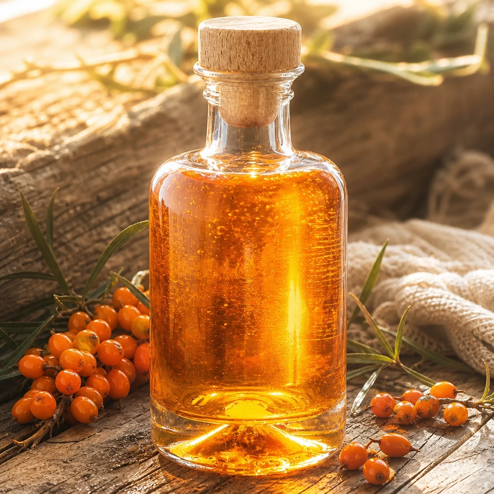 100ml Glasflasche "Sofia" mit Holzgriff-Korken UNiTWIST 100ml Glasflasche Sofia mit Holzkorken gefüllt mit Sanddornöl neben orangenen Sanddornbeeren natürliche Dekoration