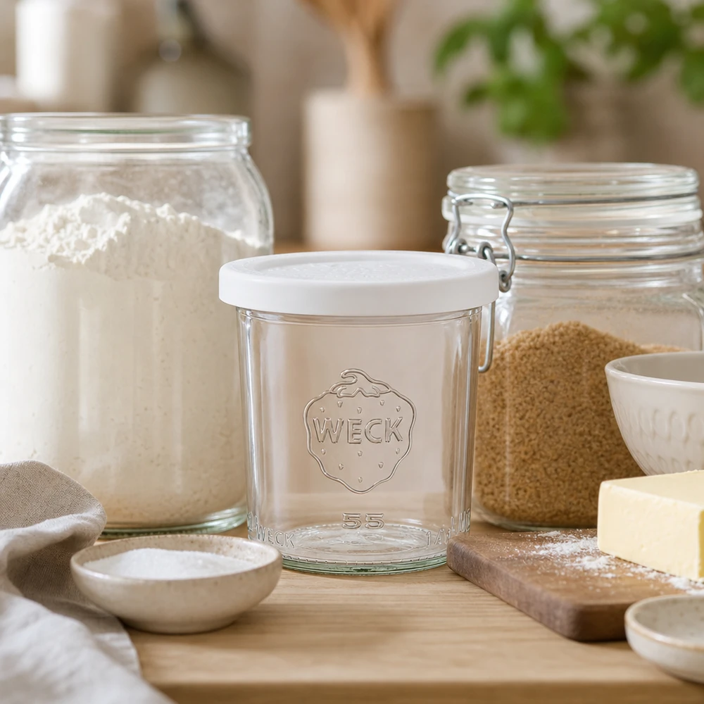 WECK Sturzglas 140ml RR60 in natürlicher Küchenumgebung mit Backzutaten und Holzbrettchen als Lifestyle-Aufnahme