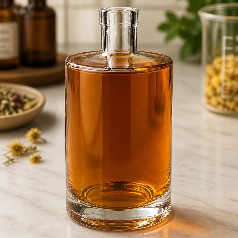 700ml Glasflasche Marie mit bernsteinfarbener Flüssigkeit befüllt in elegantem Ambiente mit Kräutern und Apothekergläser