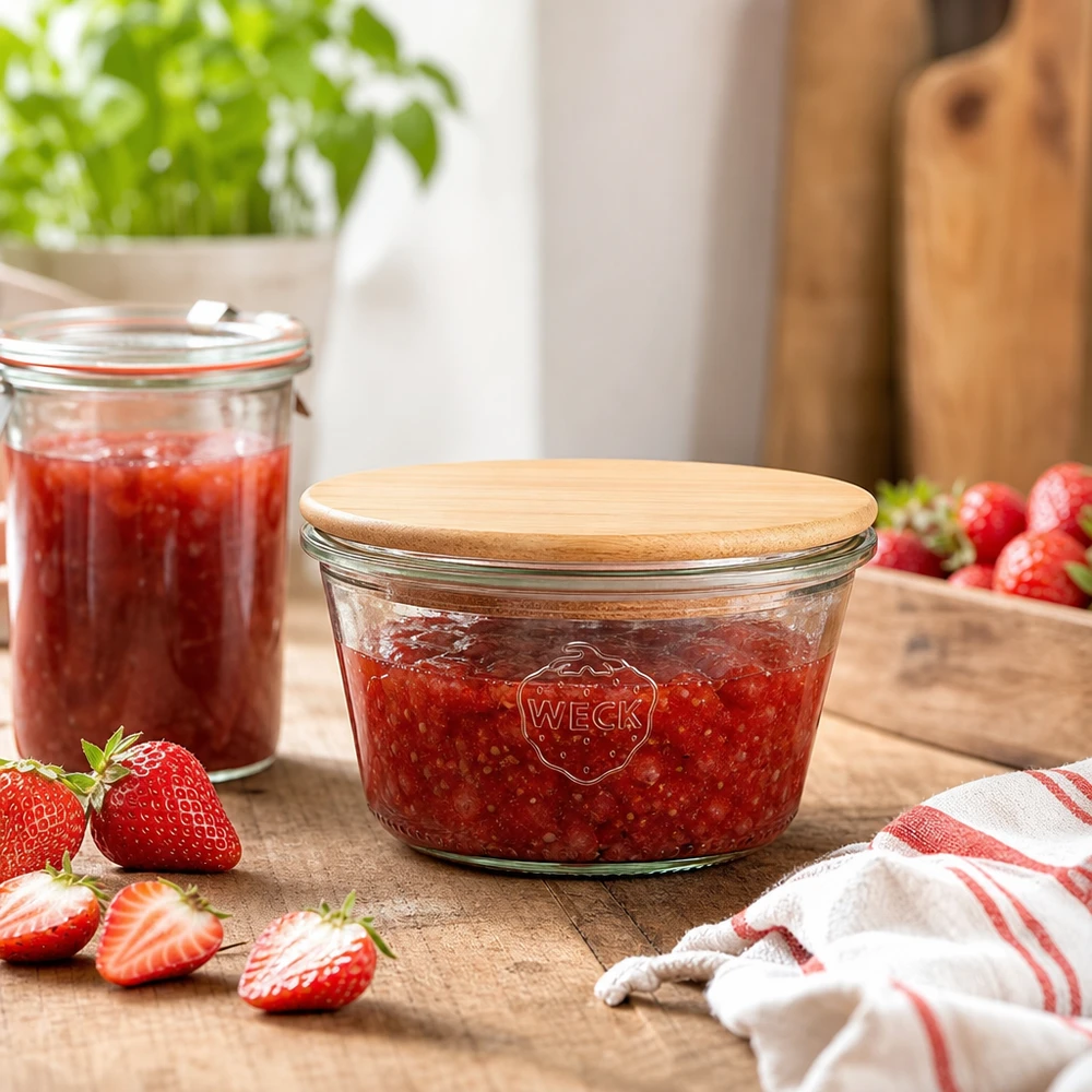 290ml nízké tumblerky WECK RR100 s dřevěným víčkem WECK Einmachglas 290ml RR100 mit Erdbeermarmelade gefüllt, Bambus-Holzdeckel, Küchenszenerie mit frischen Erdbeeren