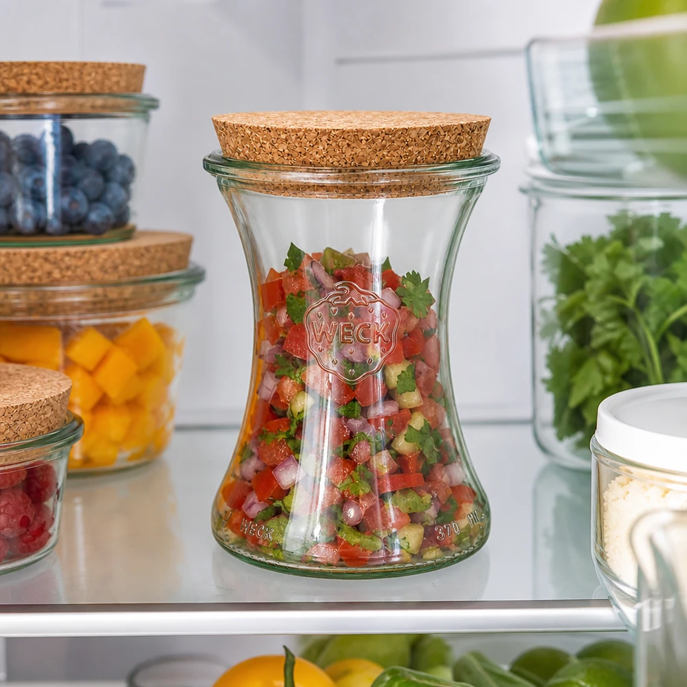 370ml lahůdková dóza WECK RR80 s korkovou zátkou přírodní WECK Delikatessenglas 370ml RR80 mit Korkdeckel gefüllt mit frischem Salsa im Kühlschrank neben anderen Vorratsgläsern